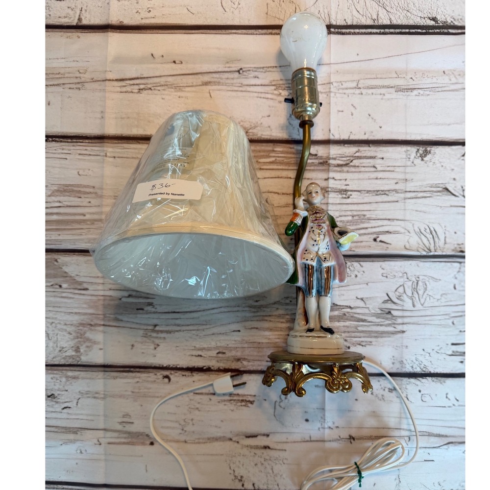 Vintage Porcelain Figurine Lamp Colonial Gentleman Ceramic Brass Base with Shade